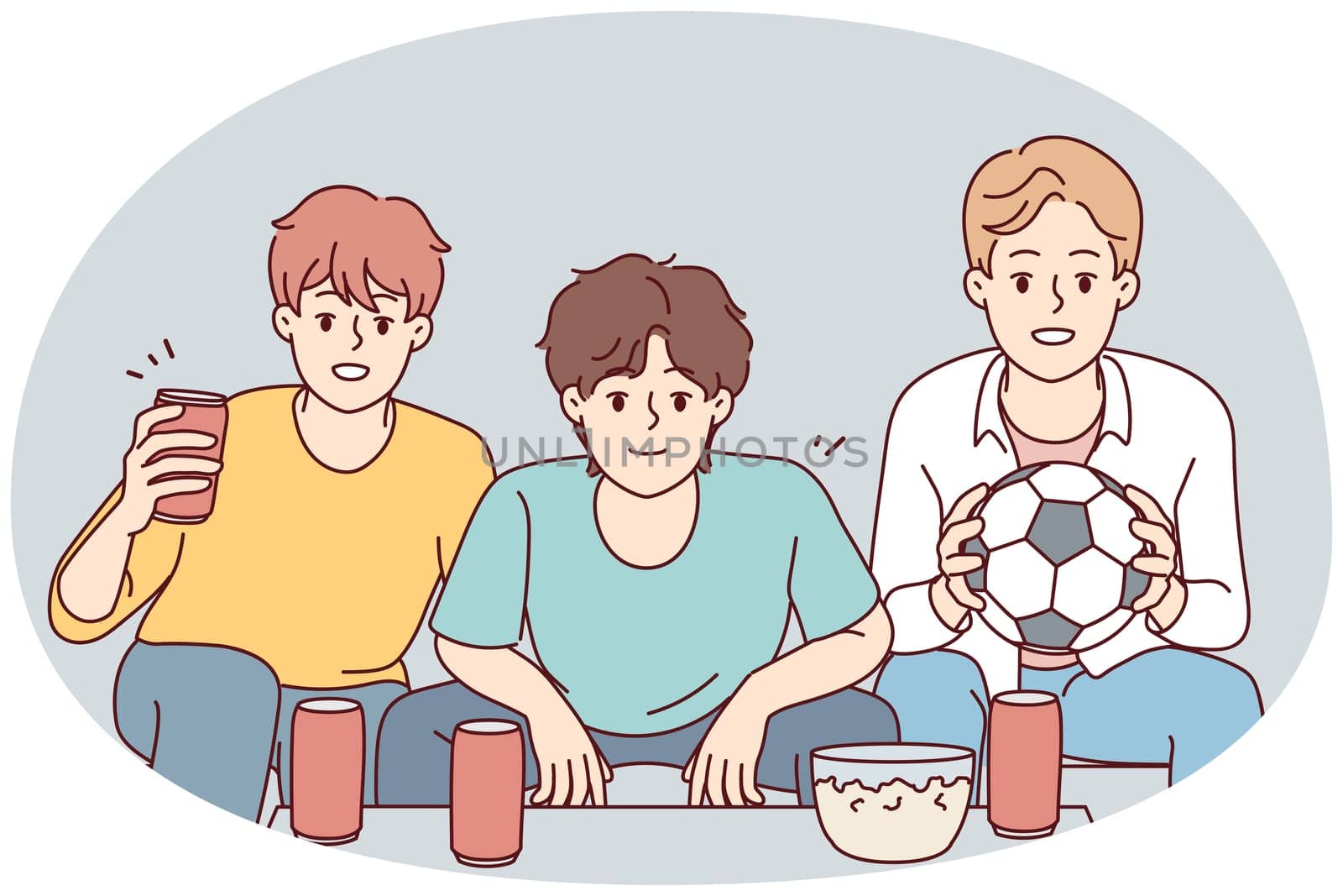 Happy guys watch football at home together . Vector Happy guys have fun sit at home watching football together. Smiling friends enjoy weekend indoors with sport match. Vector illustration.