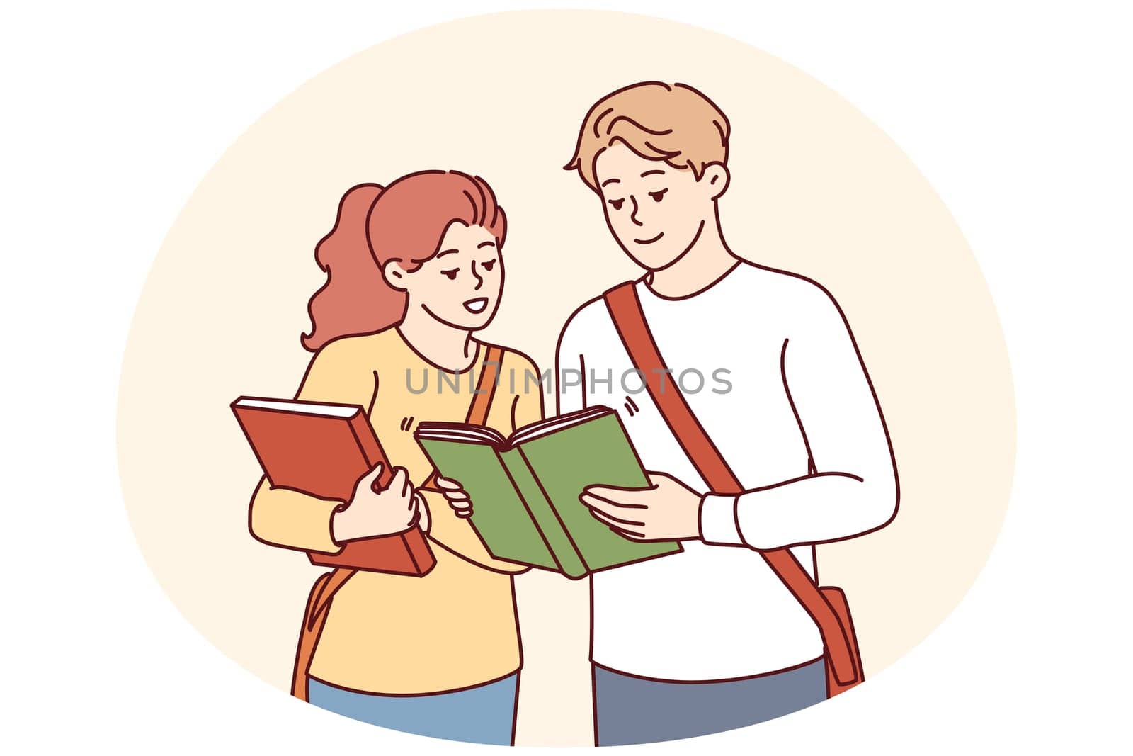 Happy students with book get ready for school exam or lesson. Smiling millennial people with textbooks before class in college. Vector illustration.