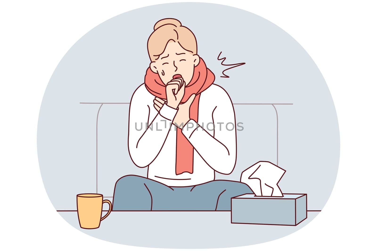 Unhealthy young man sit on sofa at home struggle with covid-19 symptoms. Unwell sick guy feeling bad coughing and sneezing having flu. Vector illustration.
