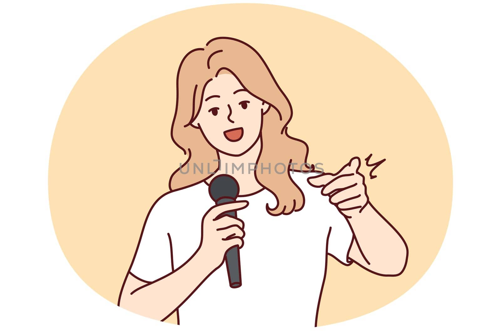 Woman with microphone make speech point at screen. Smiling female speaker with mic communicate with audience. Vector illustration.