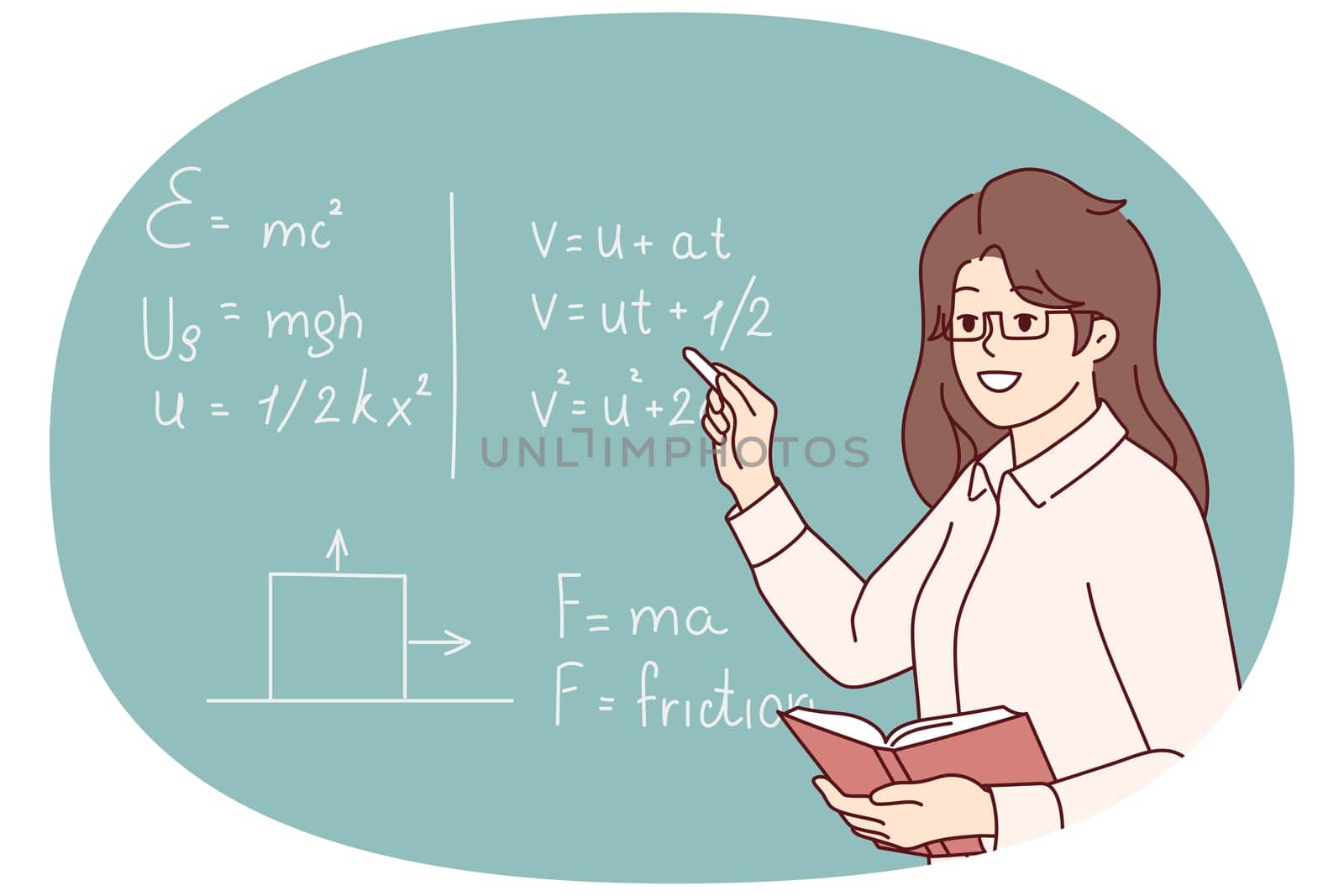 Smiling female teacher standing near black board talking at lesson in school. Happy woman tutor lead math class for pupils. Education. Vector illustration.