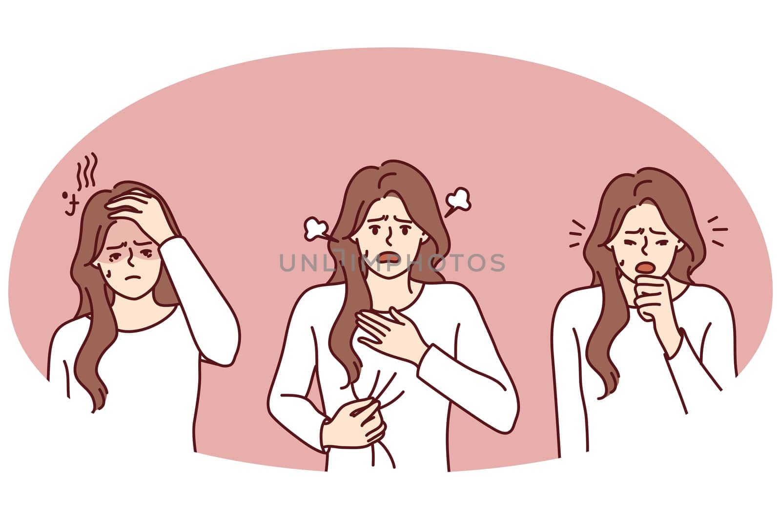 Unhealthy woman suffer from covid-19 symptoms. Unwell girl struggle from coronavirus have cough and shortness of breath. Vector illustration.