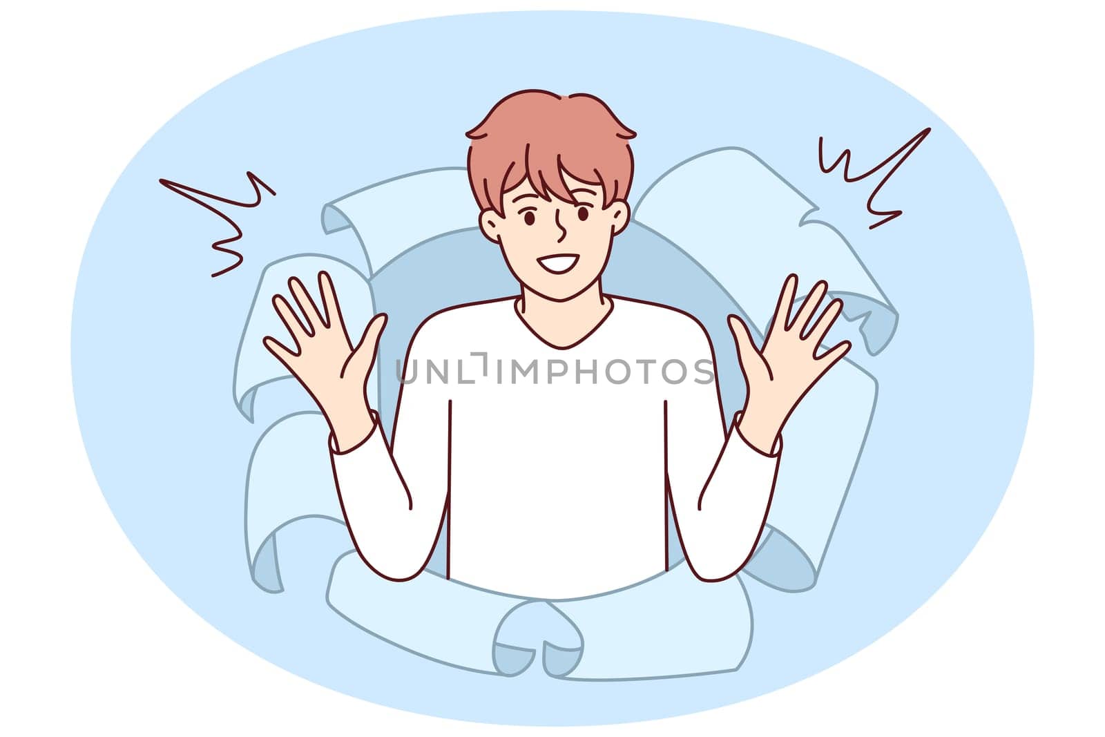 Portrait of cute young man looking out of paper hole. Smiling millennial guy peep from opening. Fun and surprise concept. Vector illustration.