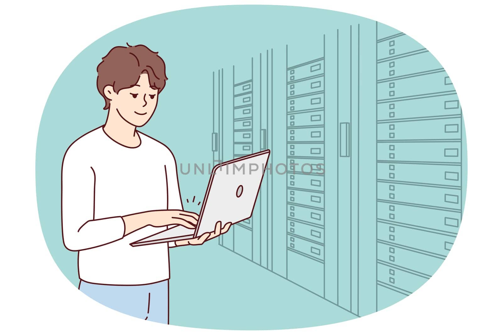 Male engineer with laptop standing near server room with computers. Man IT specialist working in data center near server racks. Vector illustration.