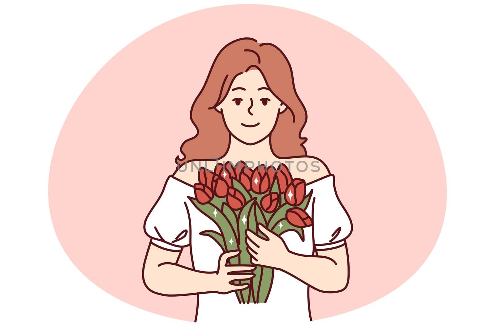 Portrait of smiling woman holding flowers in hands. Happy girl with bouquet feeling happy celebrating birthday anniversary. Vector illustration.