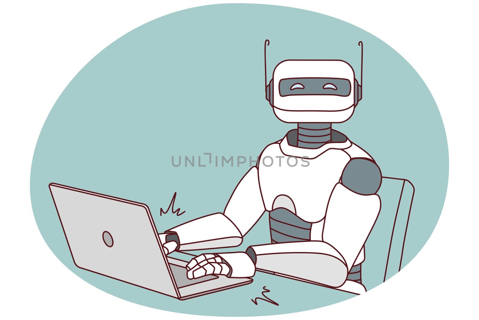 Robot working on computer in office. Modern humanoid typing on laptop. Artificial intelligence concept. Robotic assistant at workplace. Vector illustration.