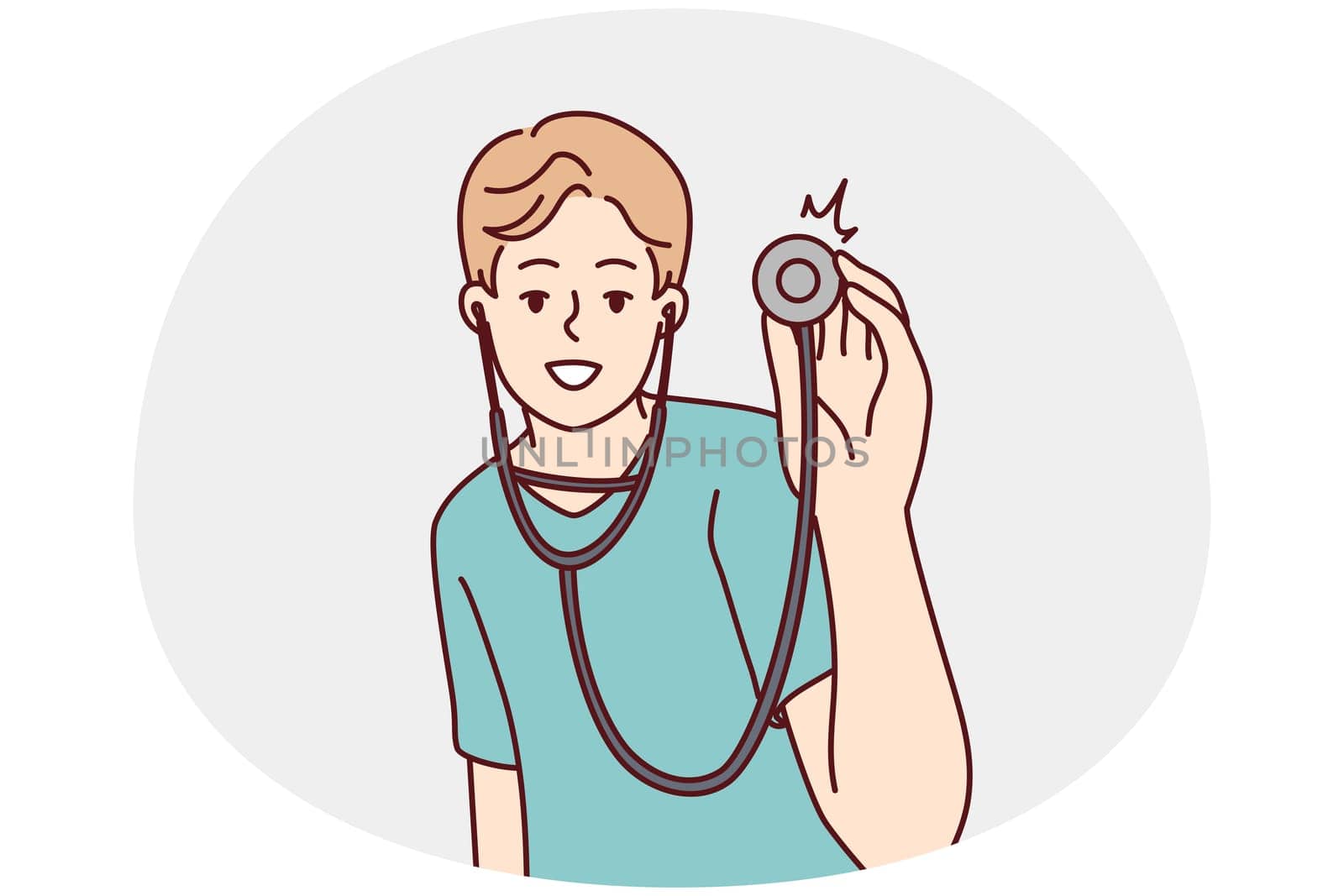 Smiling male doctor with stethoscope ready to examine patient in hospital. Happy man therapist or GP with phonendoscope. Vector illustration.