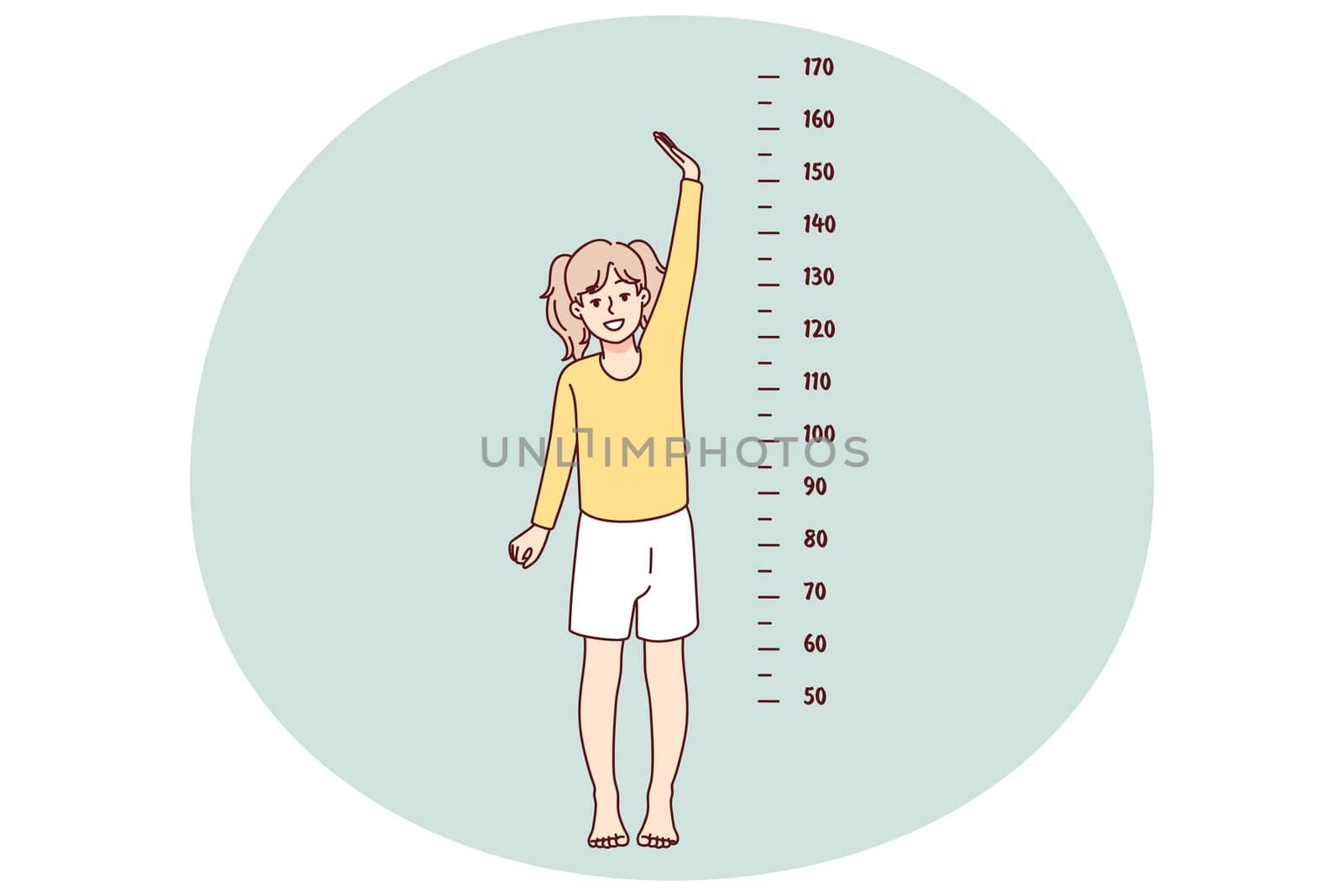 Small girl child show height standing near measuring tape on wall. Little kid growing showing how tall she is. Childhood aging concept. Vector illustration.