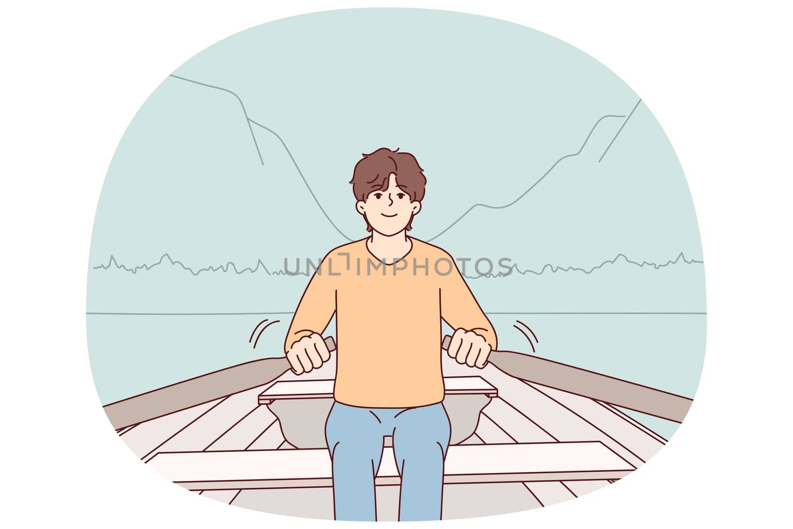 Young man rowing in boat relax on vacation in mountains. Smiling guy sit in ship enjoy outdoor recreation in nature. Vector illustration.