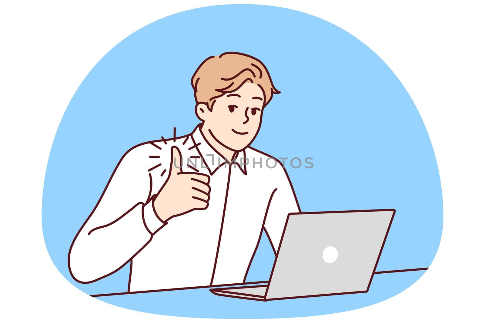 Happy young businessman sit at desk work on laptop show thumb up. Smiling male employee recommend company service. Recommendation. Vector illustration.