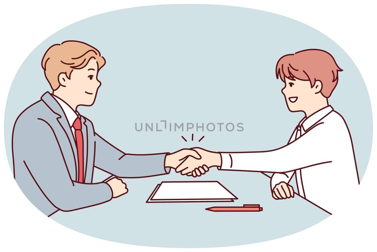 Smiling businessmen sit at desk shaking hands closing deal. Happy male partners handshake make agreement at office meeting. Vector illustration.
