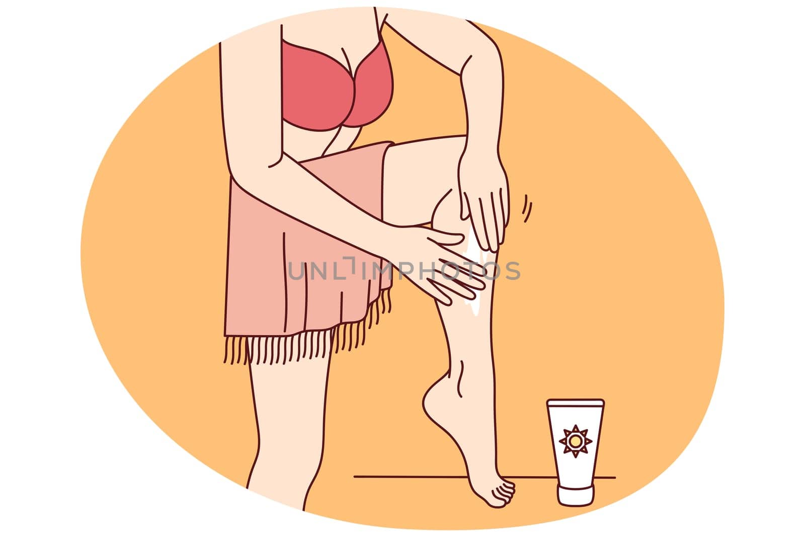 Woman in bikini apply sunscreen on legs on beach. Female in swimsuit using oil or balm sun protection on seashore on summertime vacation. Vector illustration.