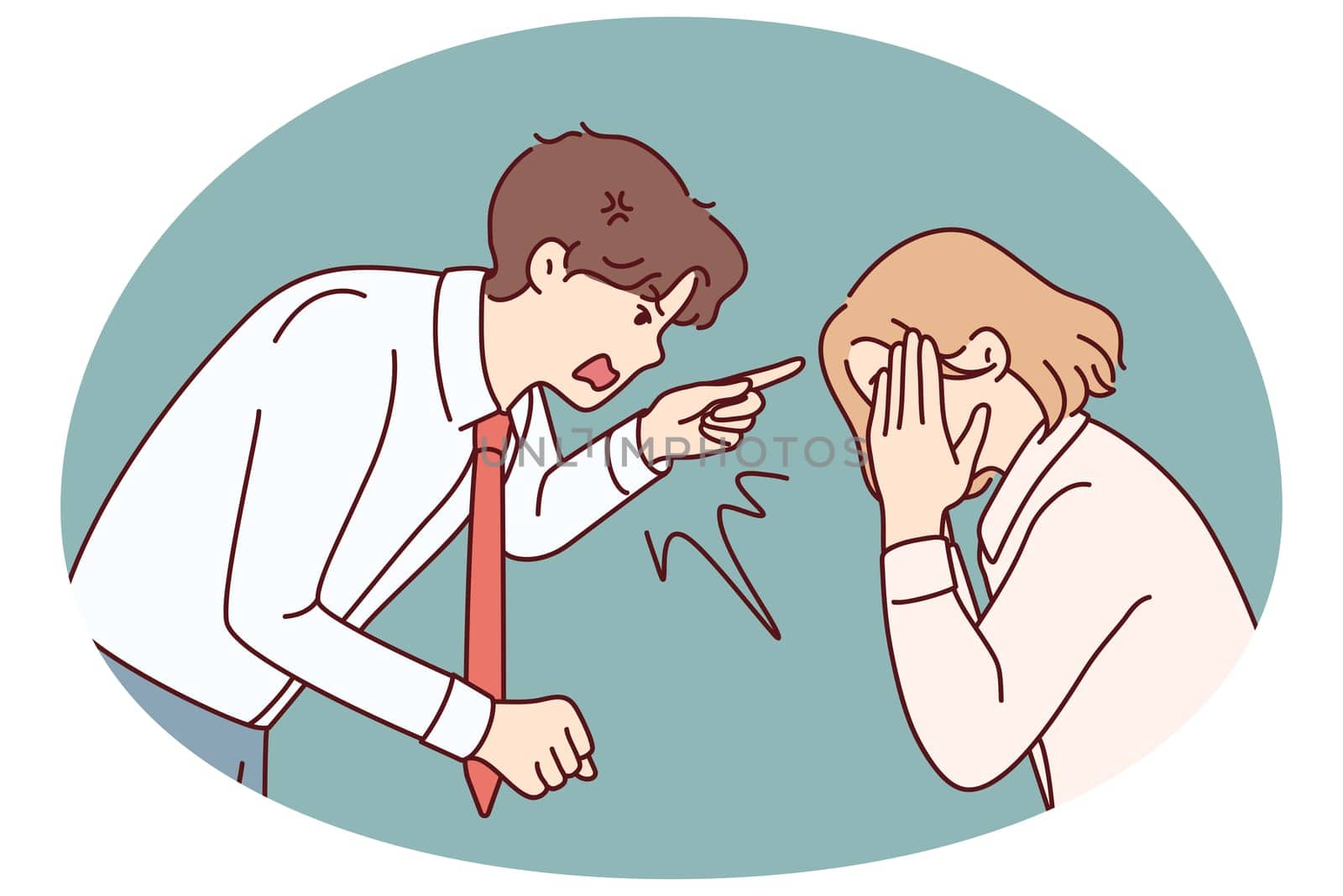 Furious businessman scolding stressed female employee at workplace. Angry male boss lecture scream at unhappy distressed woman worker. Vector illustration.