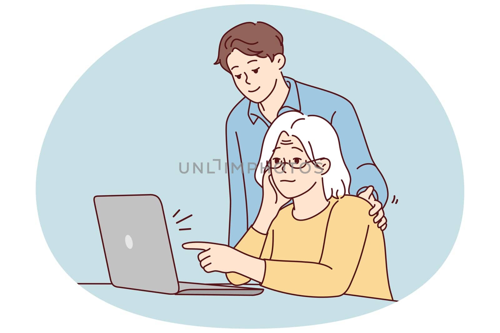 Young guy help old grandmother with laptop work. Mature grandma sit at desk working on computer with grandchild assist. Vector illustration.
