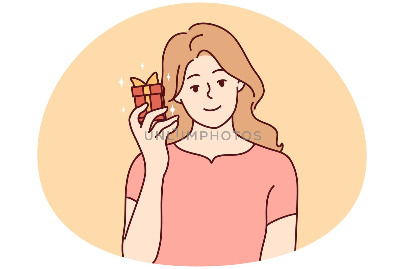 Smiling young woman with present in hands excited with birthday celebration. Happy girl with gift box having anniversary. Vector illustration.