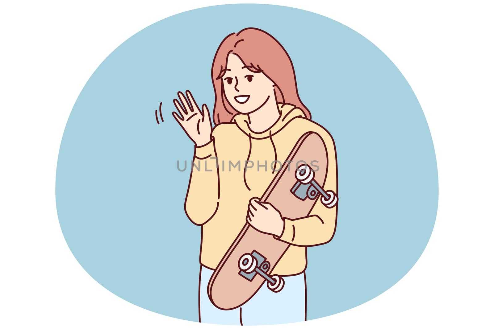 Portrait of smiling millennial girl with skateboard posing outdoors. Happy young woman with board enjoy sport activity. Skateboarder hobby. Vector illustration.