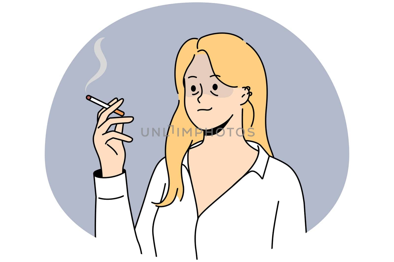 Unhealthy tired young woman feel overwhelmed smoking cigarette. Unhappy female employee with bad habit feeling exhausted and overworked. Vector illustration.