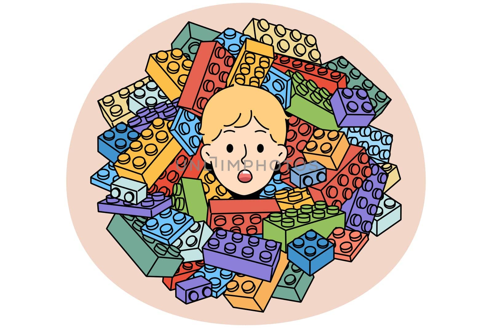 Cute boy child head in pile of Lego constructor. Stunned small kid playing with construction set. Children hobby concept. Vector illustration.