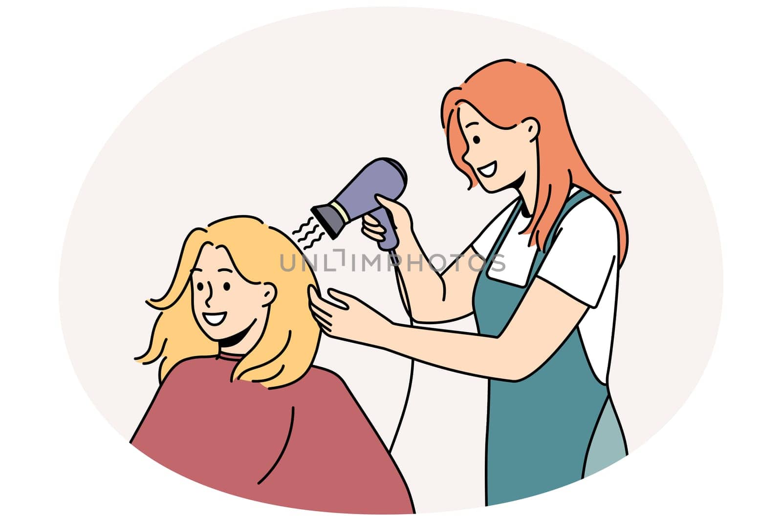 Smiling female client get hairstyle in saloon. Happy stylist dry hair of woman customer with blow dryer in salon. Beauty and care concept. Vector illustration.