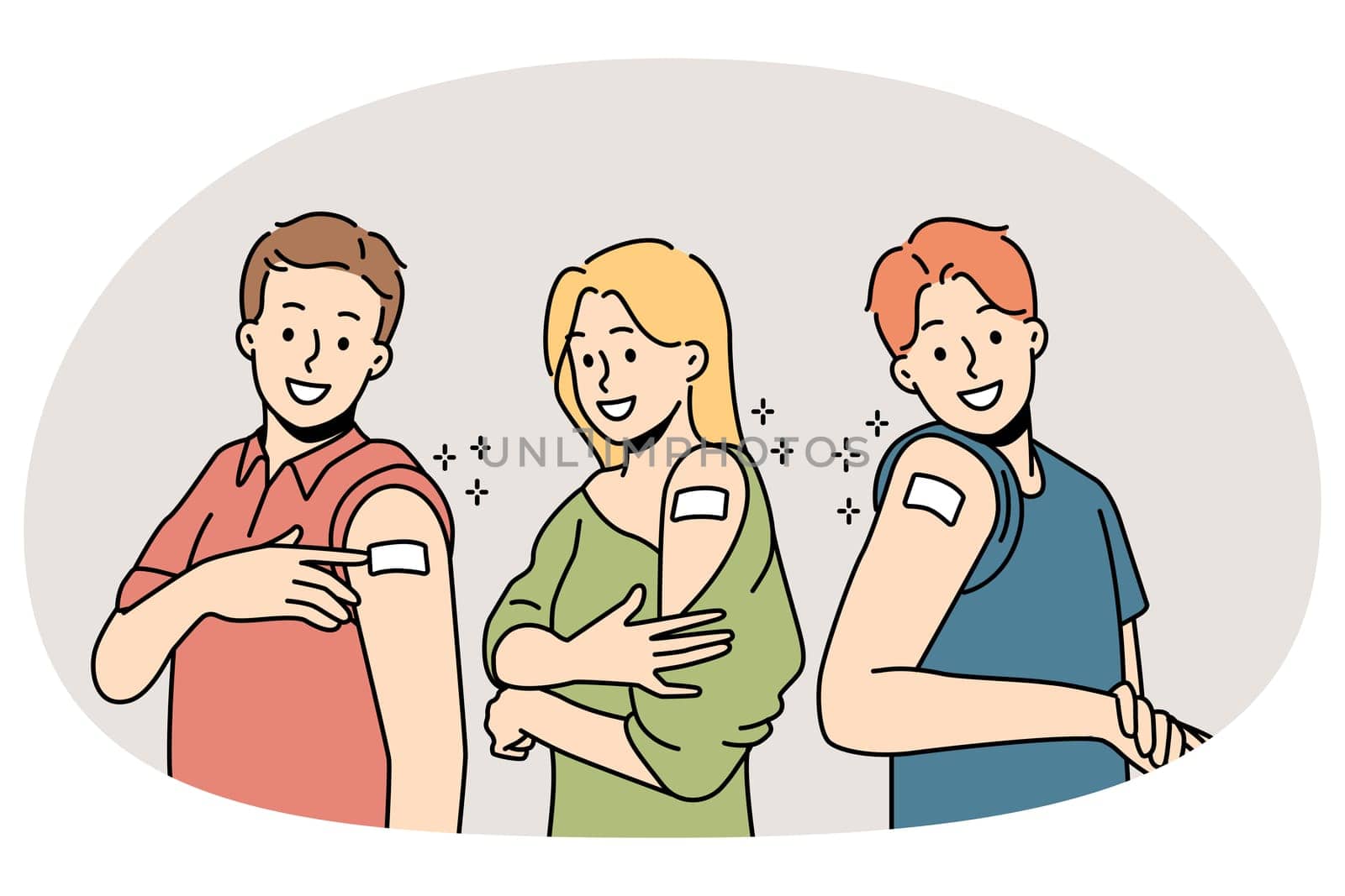 Smiling people showing bandages after vaccination. Happy men and women demonstrate band aids on arm get vaccinated. Healthcare. Vector illustration.