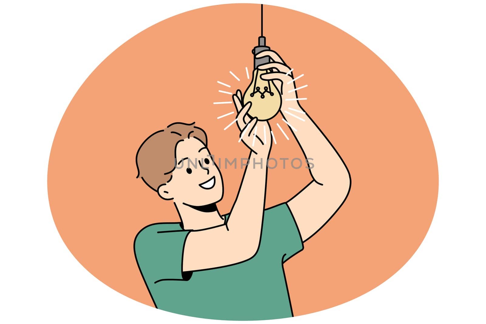 Smiling young man screwing lightbulb at home. Happy guy connect light bulb for light indoors. Vector illustration.