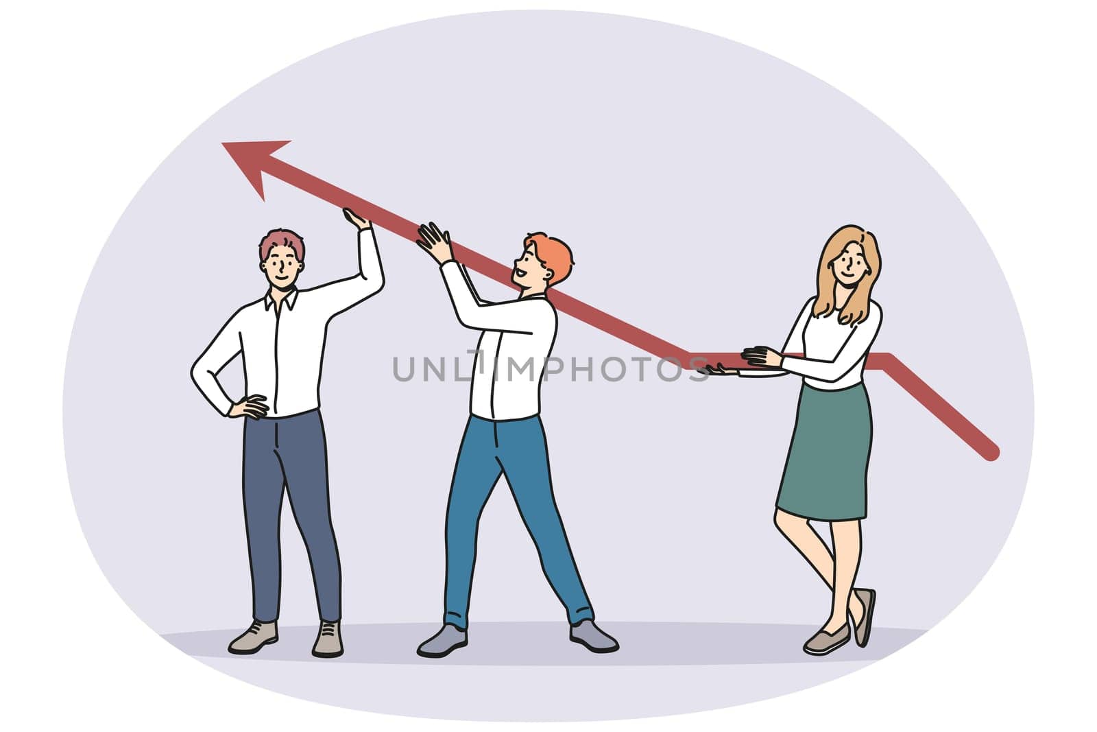 Smiling businesspeople with arrow facing up working together for shared success. Happy employees show financial success or rise. Vector illustration.