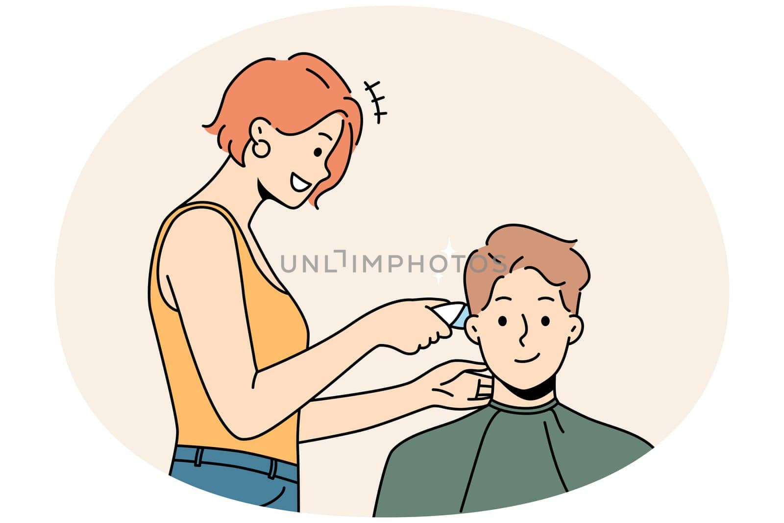 Smiling male client get hairdo in barbershop. Female barber give hairstyle to happy man customer in saloon. Beauty and haircare. Vector illustration.