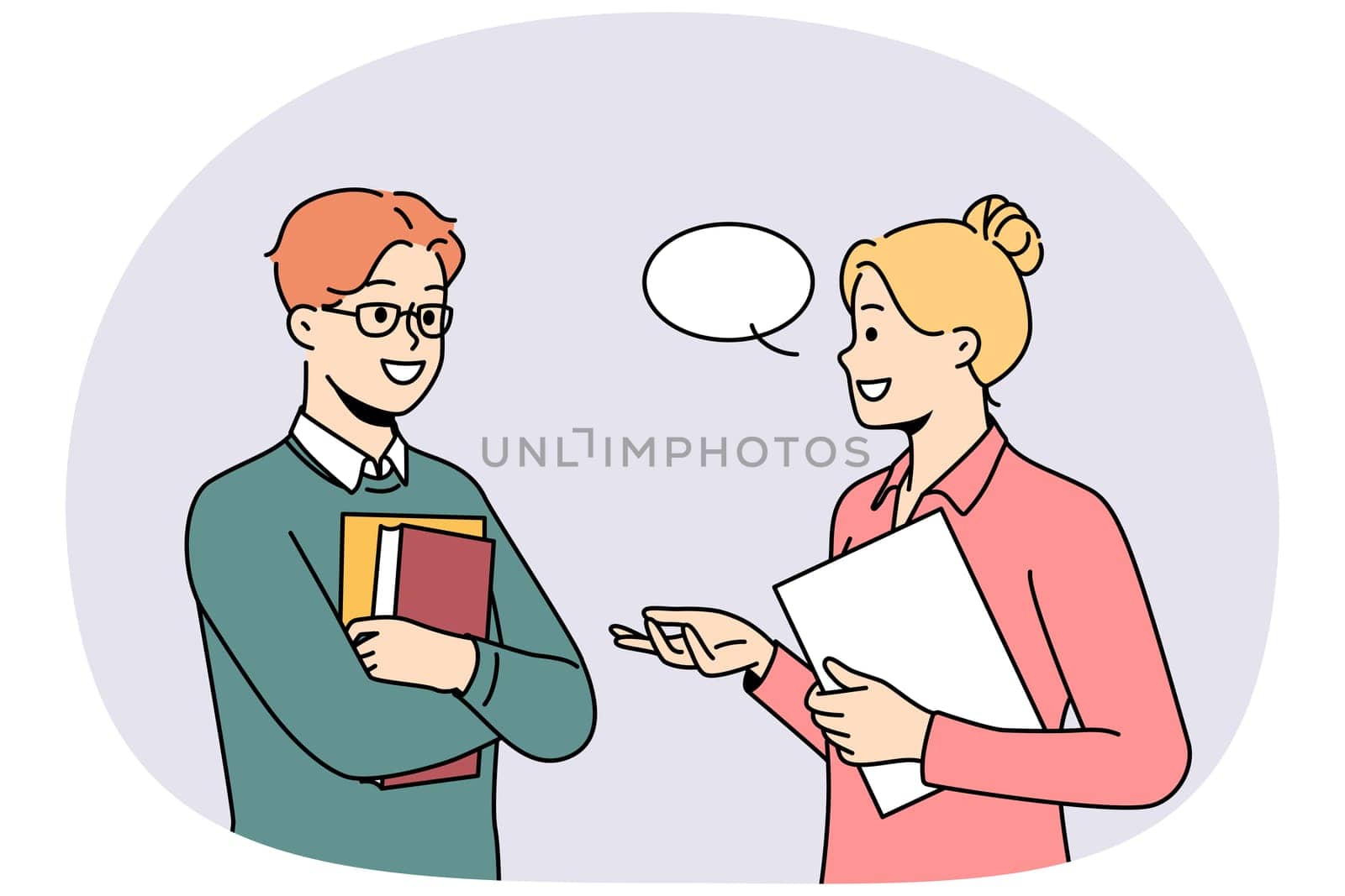 Smiling businesspeople with speech bubble above head communicate in office. Happy employees or colleagues talk discuss ideas. Vector illustration.