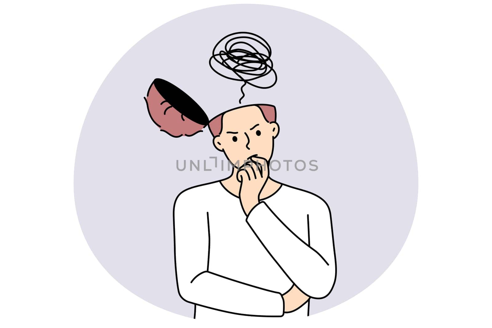 Pensive young man with open head think of problem solution or generate idea. Confused male brainstorm solve trouble or look for innovative thought. Vector illustration.
