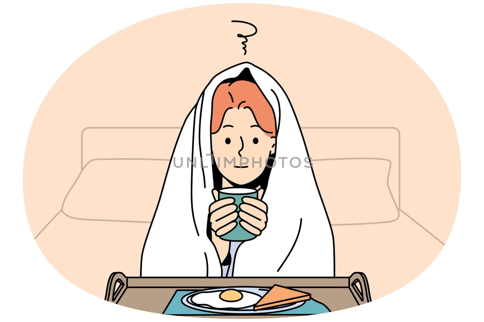Woman in blanket sit in bed feel cold drink hot tea eating breakfast. Pensive girl in cover suffer from low temperatures indoors warm with food and coffee. Vector illustration.