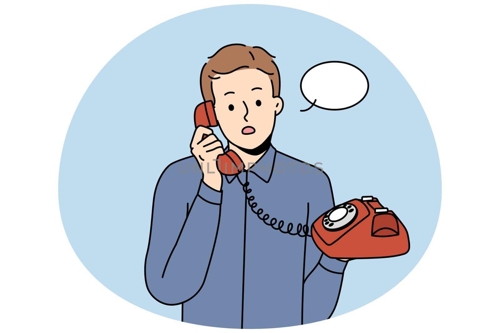 Stunned young man talking on landline phone. Amazed male with speech bubble above head speak on wired headset. Vector illustration.