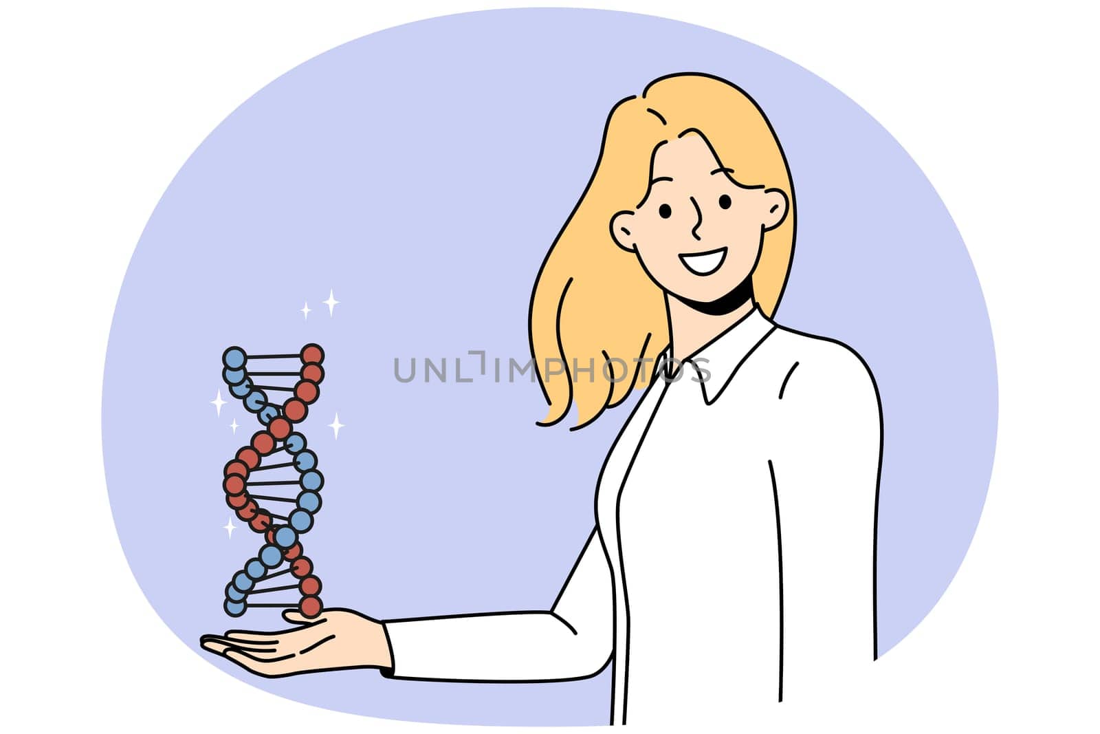 Smiling young woman hold DNA model in hands. Happy female scientist or searcher with DNA spiral. Science and genetics concept. Vector illustration.
