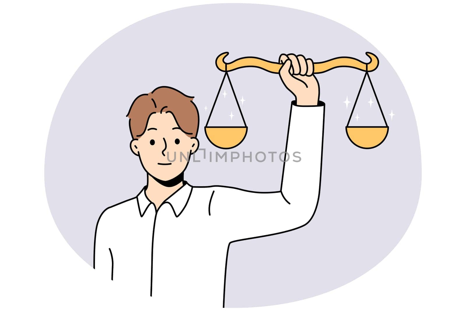 Man holding scales in hands showing balance. Male with weighs demonstrate justice and law. Human rights concept. Vector illustration.