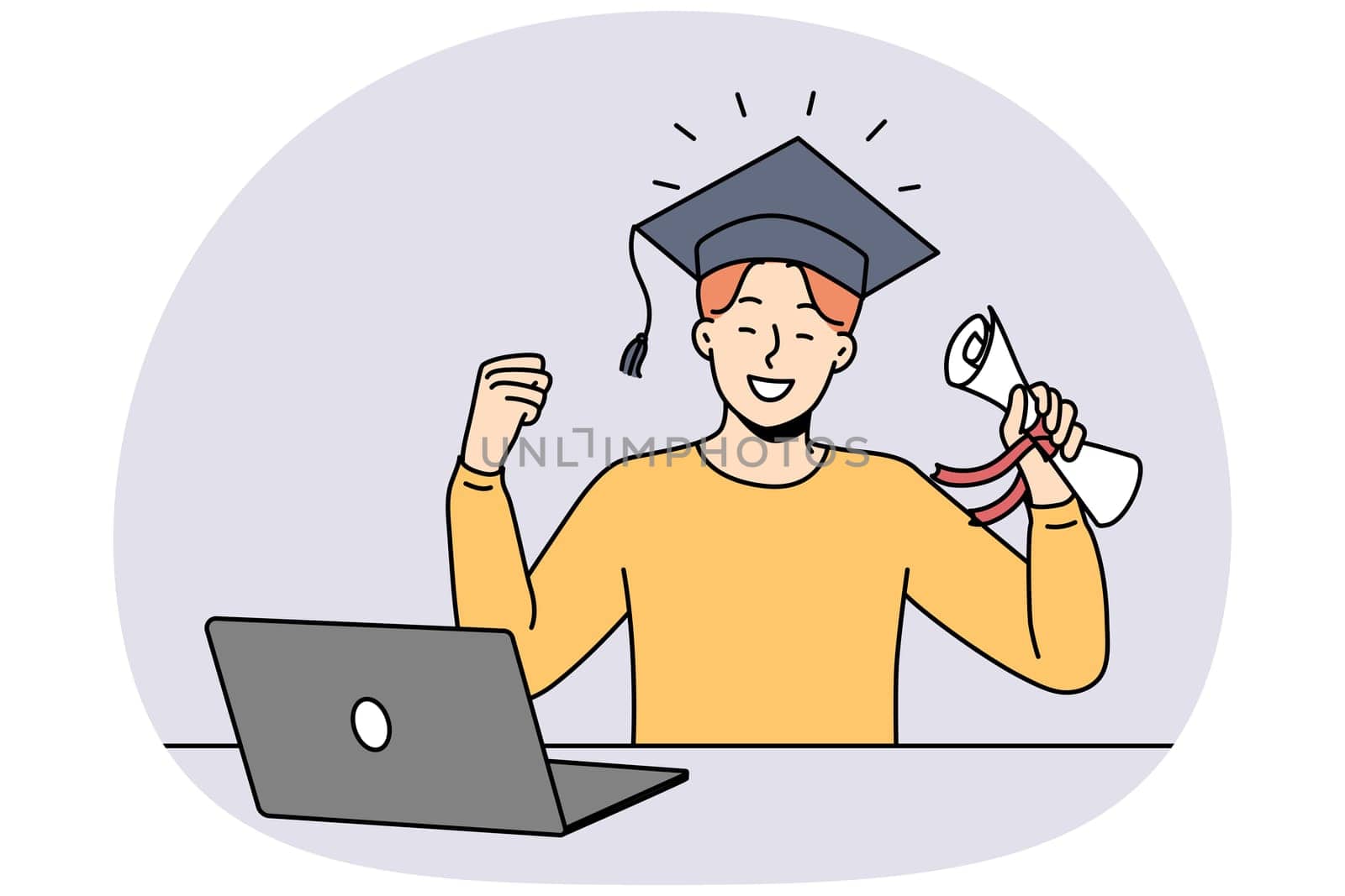 Overjoyed young man in hat hold diploma in hands celebrate graduation studying online. Smiling male graduate excited about university finish. Remote education. Vector illustration.