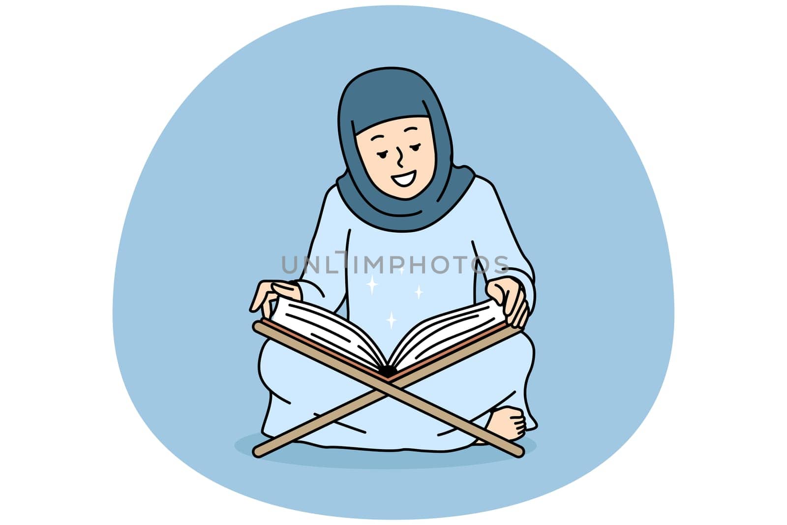 Smiling Arabic woman in abaya read Koran at home. Happy Arabian female in hijab pray with holy muslim book. Vector illustration.