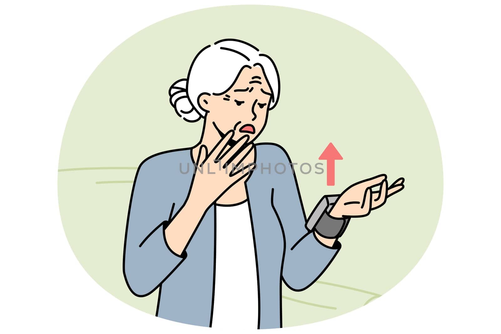 Elderly woman was upset because of increased blood pressure on monitor on her wrist. Old lady felt nervous after seeing bad health indicators on smart watch. Vector line art colored illustration.