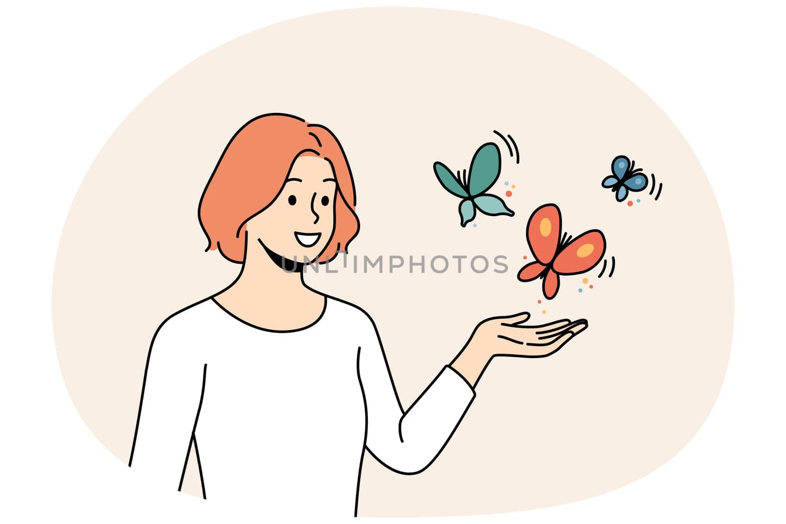 Smiling young woman with butterflies flying near hand. Happy female enjoy wild nature and outdoors. Vector illustration.