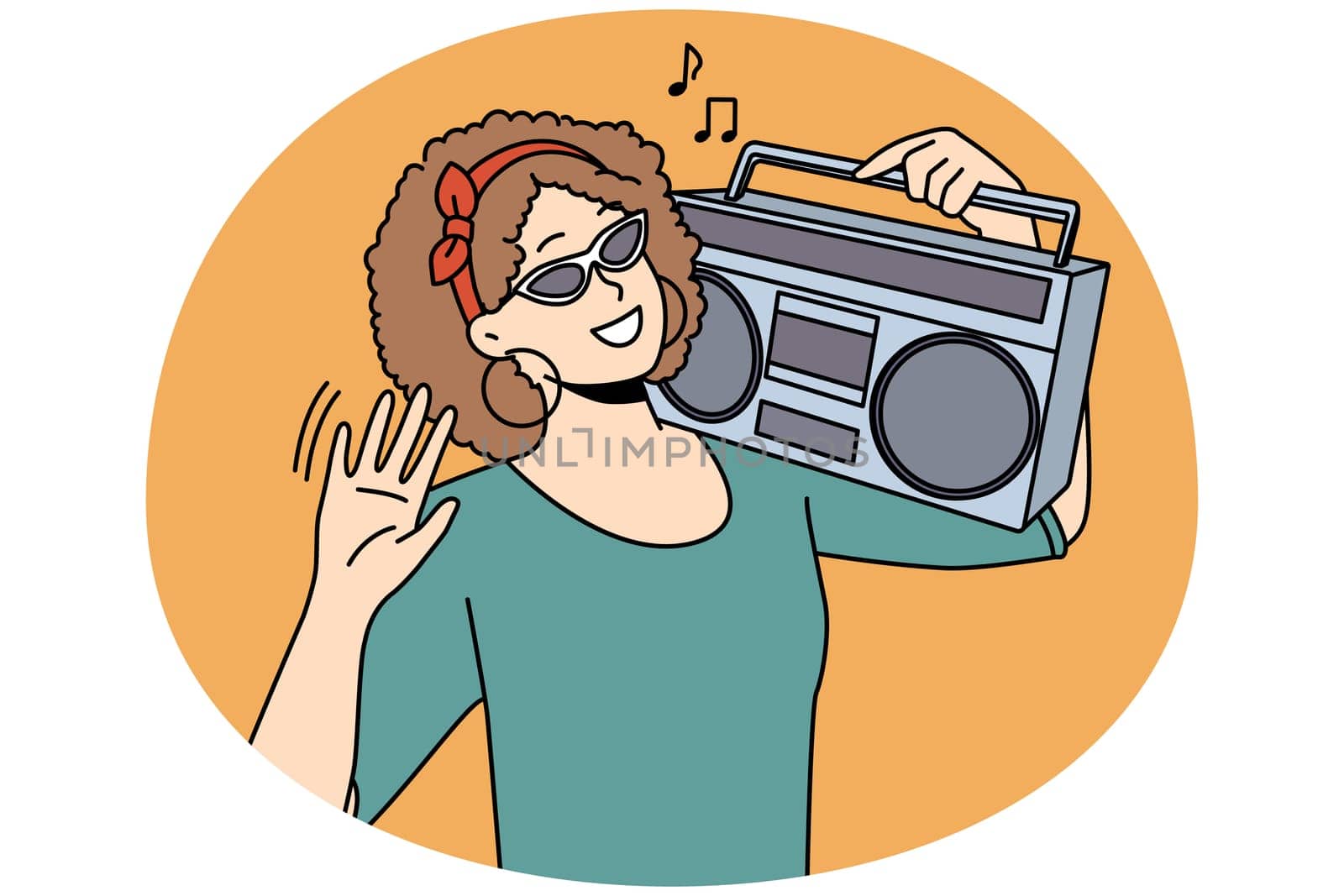 Smiling young woman in sunglasses with stereo on shoulder listen to music. Happy girl enjoy good sound on retro system. Vector illustration.