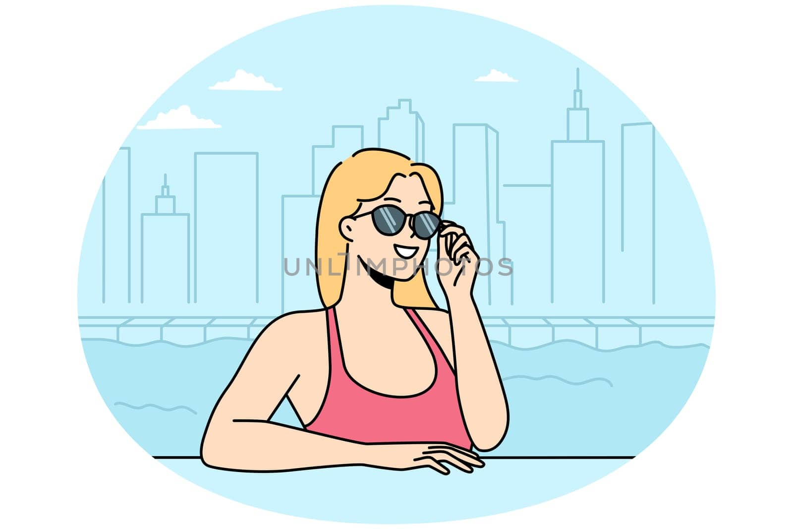 Smiling young woman in sunglasses relax in swimming pool. Happy female rest enjoy summertime holidays in city pool. Vector illustration.