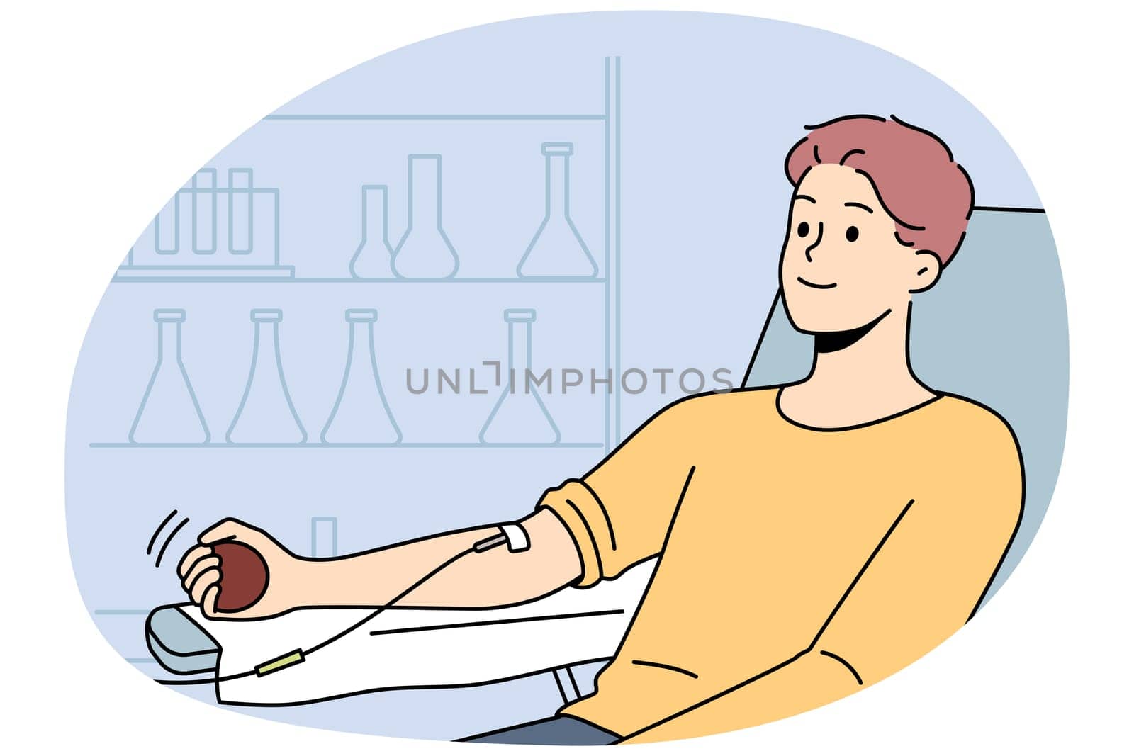 Smiling young man sit in chair in hospital get medicaments with dropper. Happy male patient in clinic receive treatment or medication with infusion. Vector illustration.