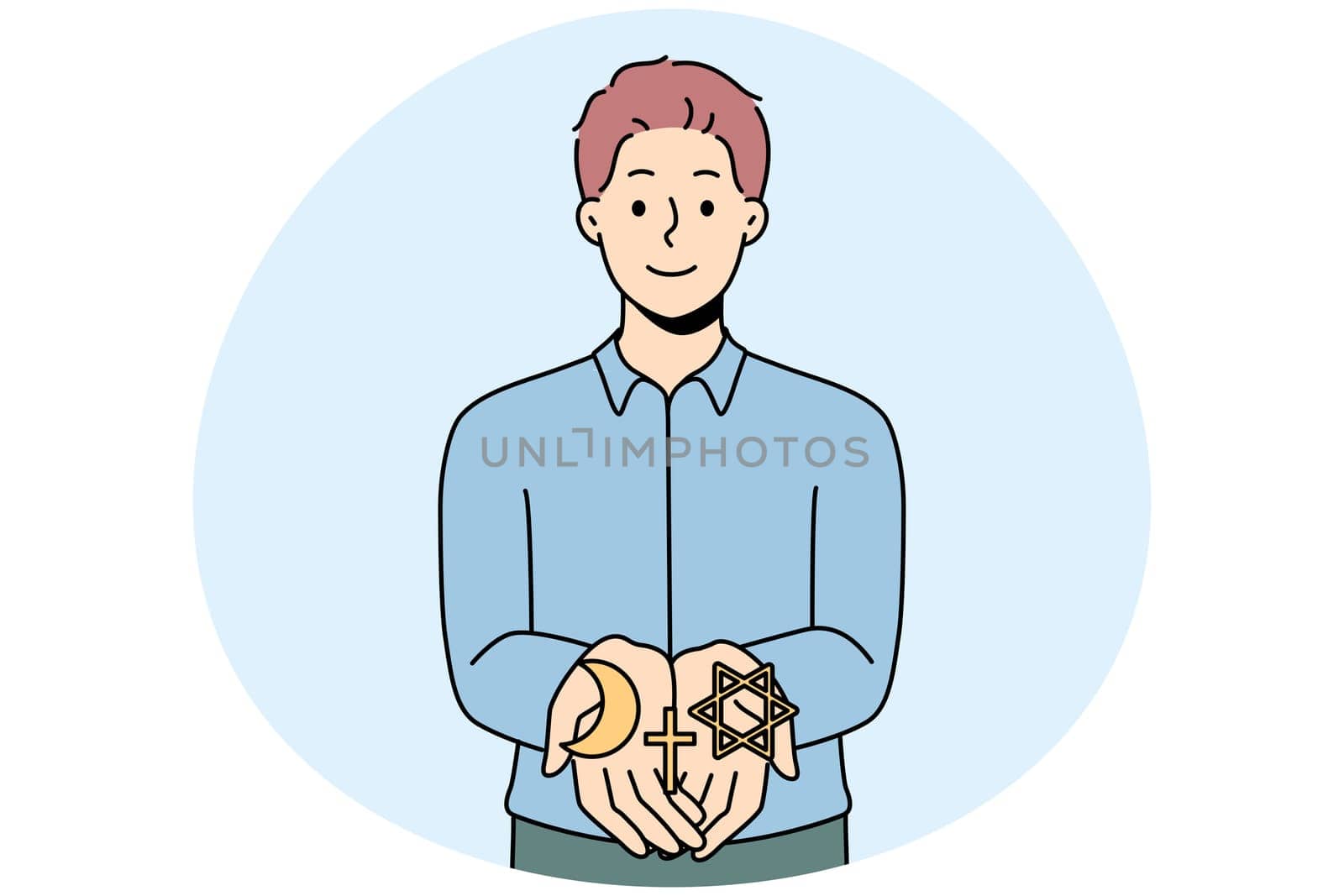 Smiling man holding different religions symbols in hands. Concept of interreligious signs. Christianity, islam and Judaism. Vector illustration.
