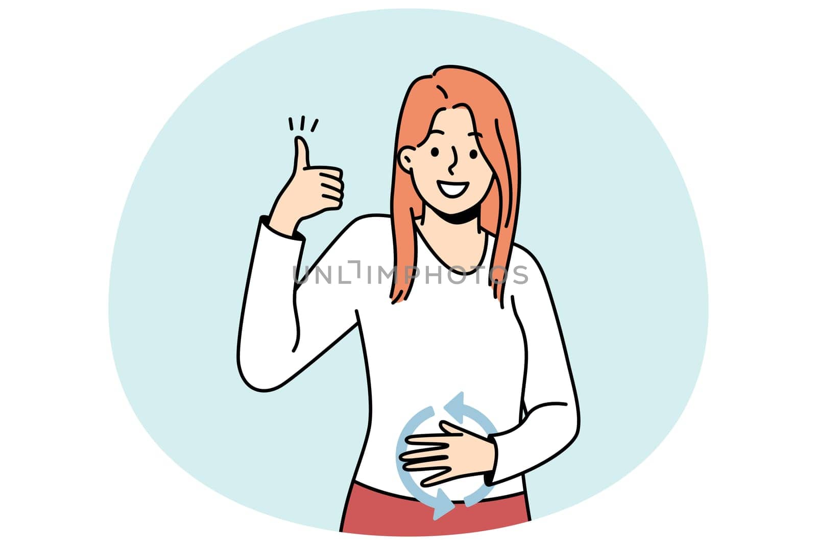 Happy girl feeling good herself after eating. Young lady has healthy digestion, holds hand on her stomach, shows like gesture. Female student has well nutrition. Vector outline illustration in color.