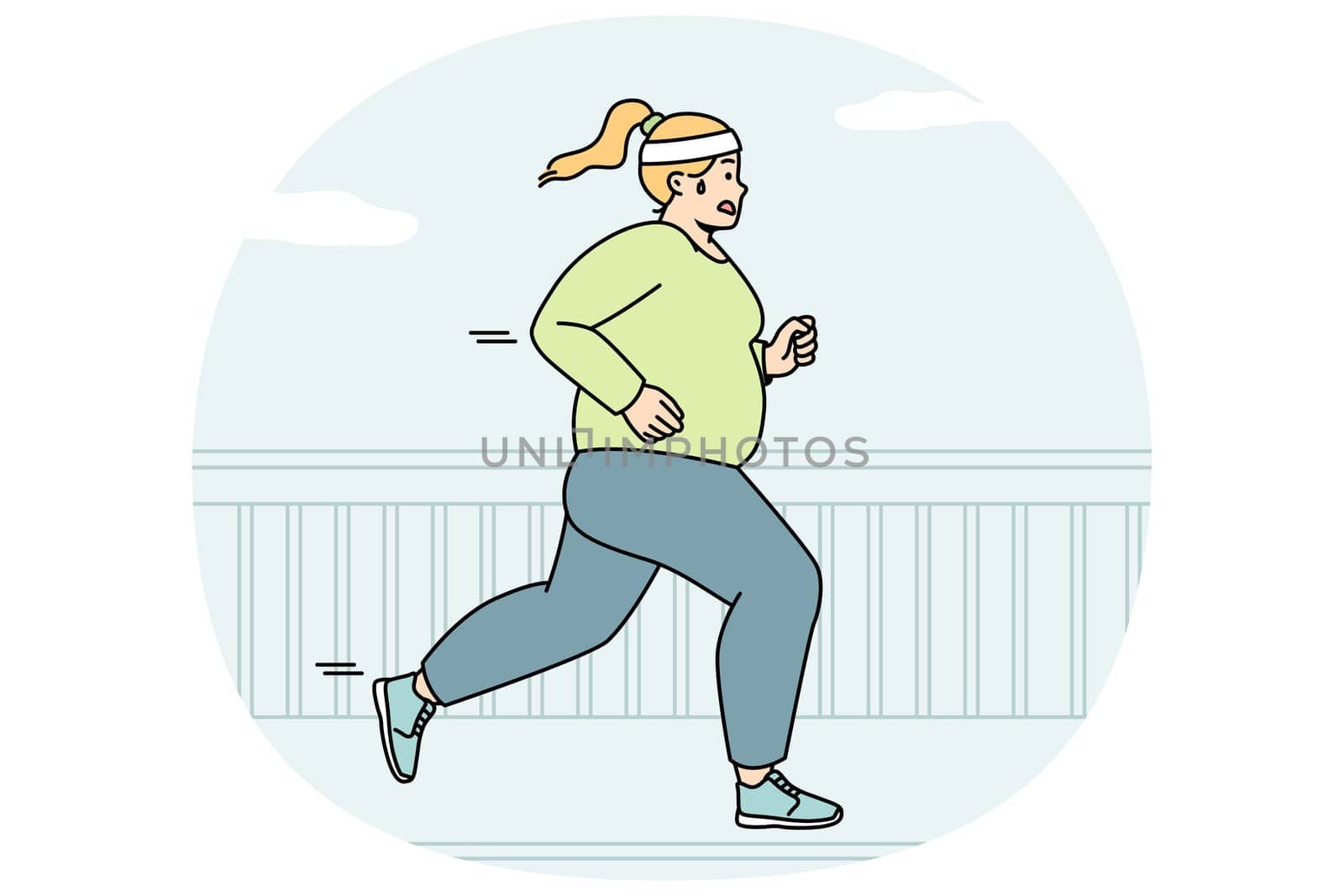 Chubby woman running at street to be fit. Fat girl makes cardio workout outdoor to burn calories. Plump lady jogging in city, taking part in marathon. Weight loss. Vector linear colored illustration.