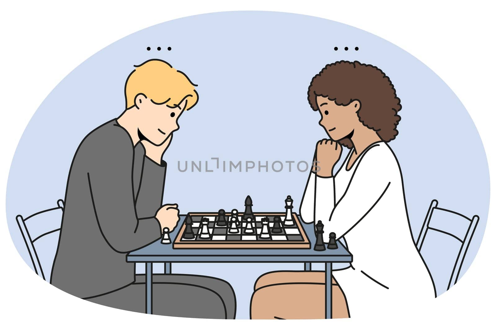 Happy couple sit at desk playing chess together. Man and woman engaged in logical board game at table. Hobby and entertainment. Vector illustration.