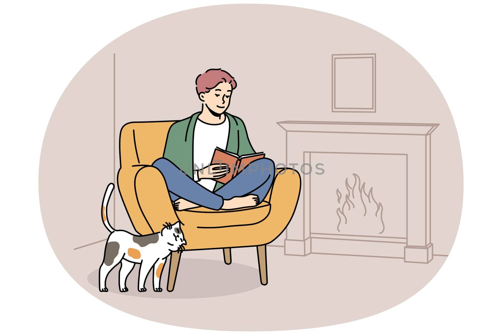 Happy young man sit in chair at home near fireplace reading book. Smiling guy relax in armchair enjoying literature. Hygge and domestic weekend. Vector illustration.