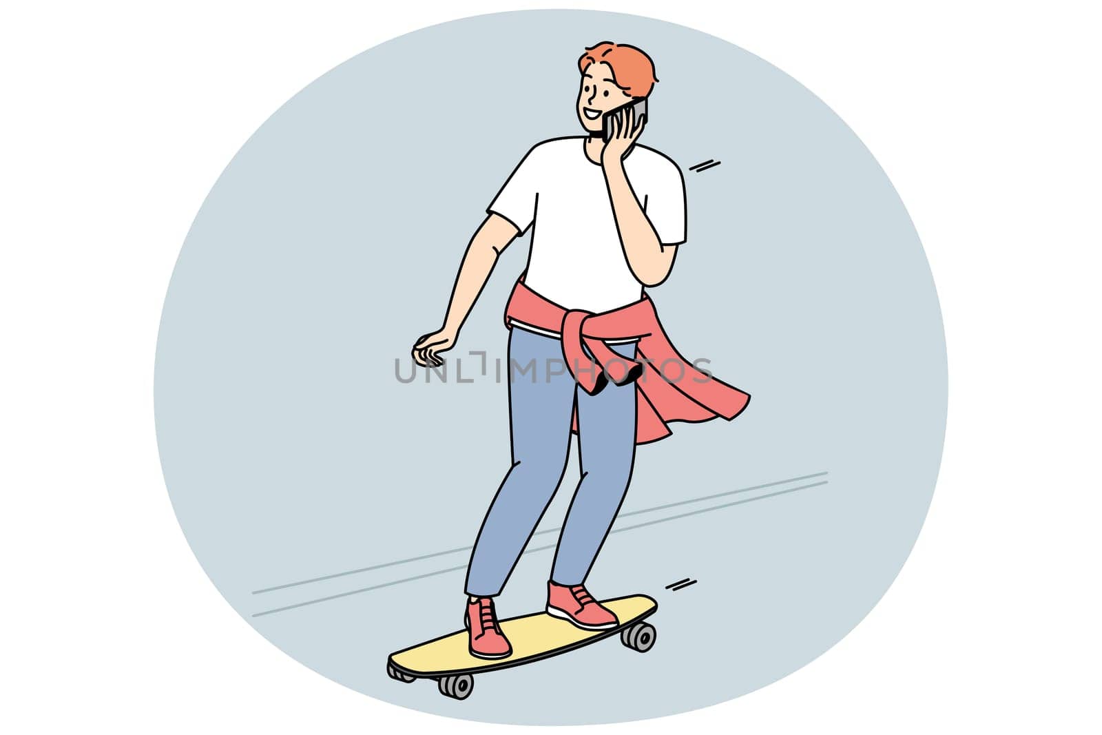 Guy is rolling on skateboard down street and talking on cellphone at same time. Boy practices skateboarding outdoor. Teenager moves on road on longboard, chats on smartphone. Vector graphics in color.