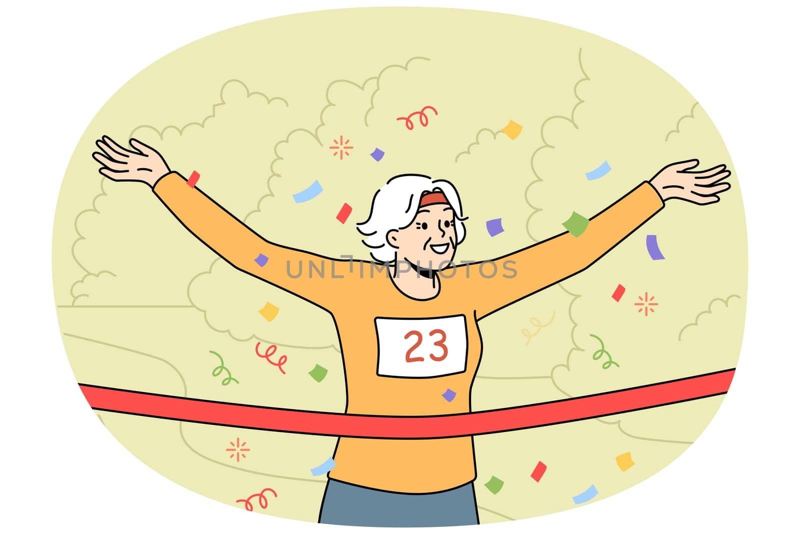 Smiling elderly woman cross finish line at running contest. Happy mature female athlete win race finishing first. Hobby and sport. Vector illustration.