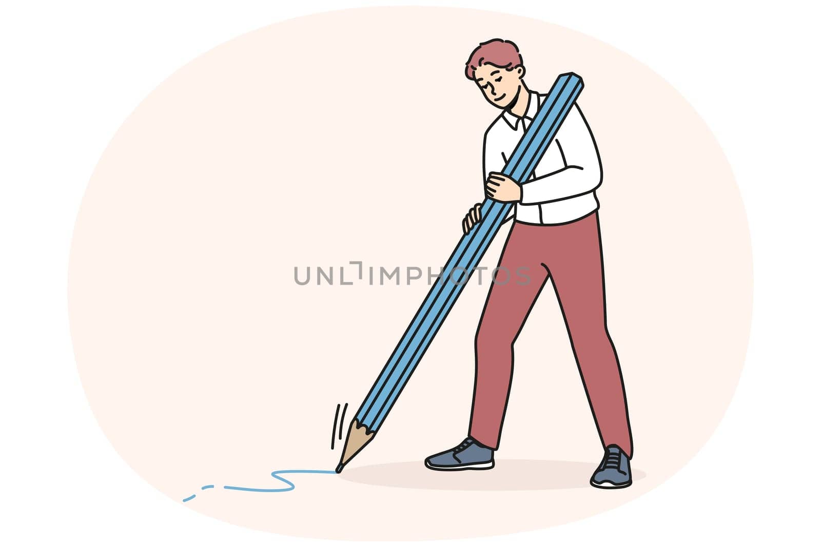 Happy young man with huge pencil drawing or taking notes. Smiling male writing or painting. Writer or journalist occupation. Vector illustration.
