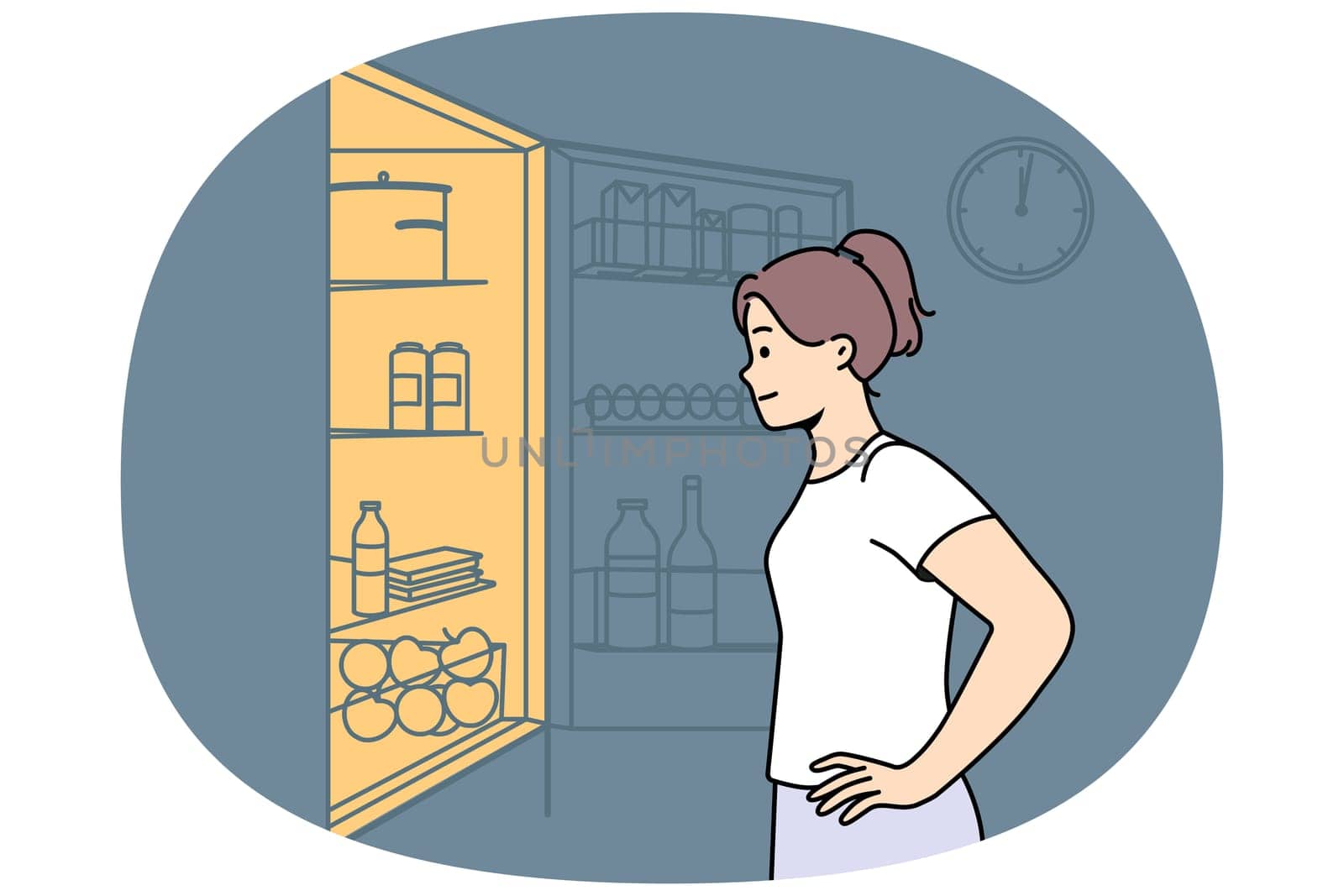 Bored young woman look in fridge at night. Millennial female feel hungry search for food or midnight snack in refrigerator. Vector illustration.