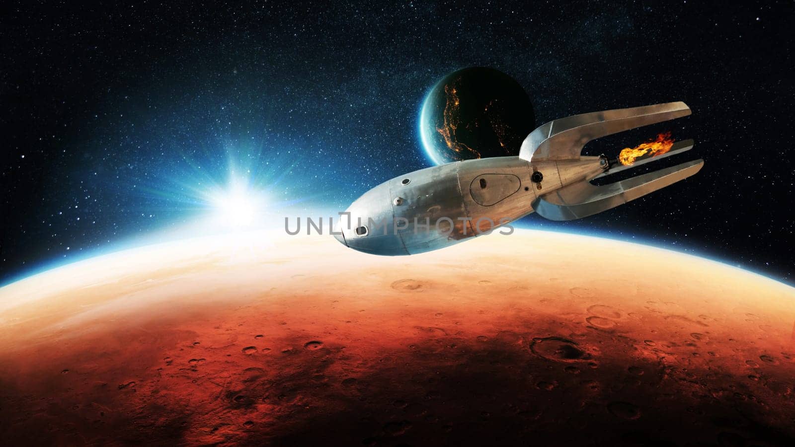 Vintage metal rocket ship flies to the red planet mars with sun rays and blue planet earth. Journey to Mars, creative idea. Space exploration, concept